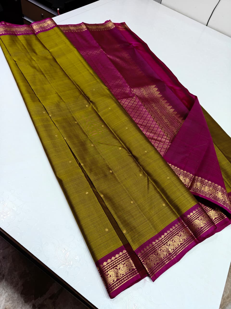 Olive Green Designer Saree with Magenta Pallu